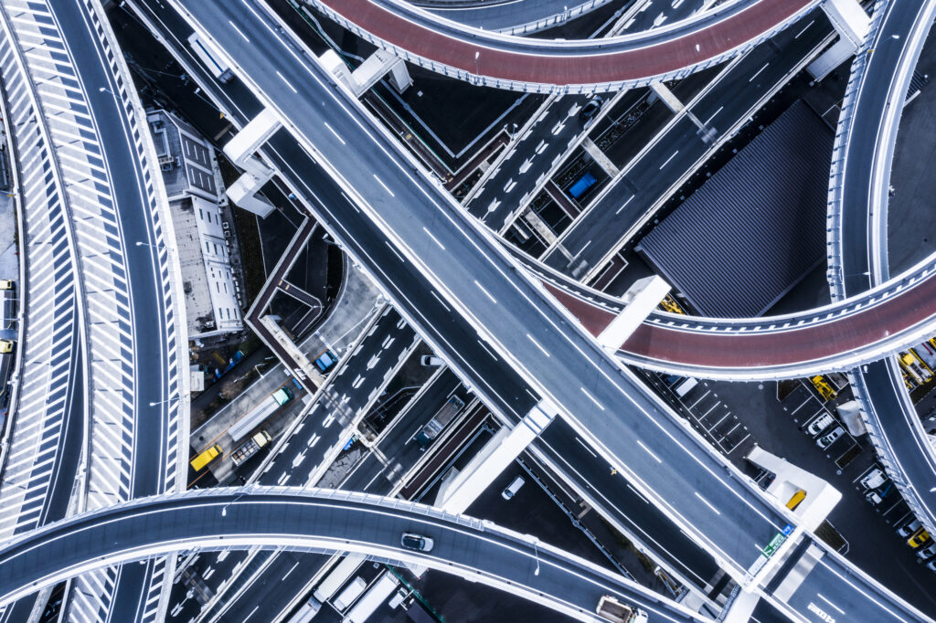 Aerial shooting in the junction area.A highway in Japan.