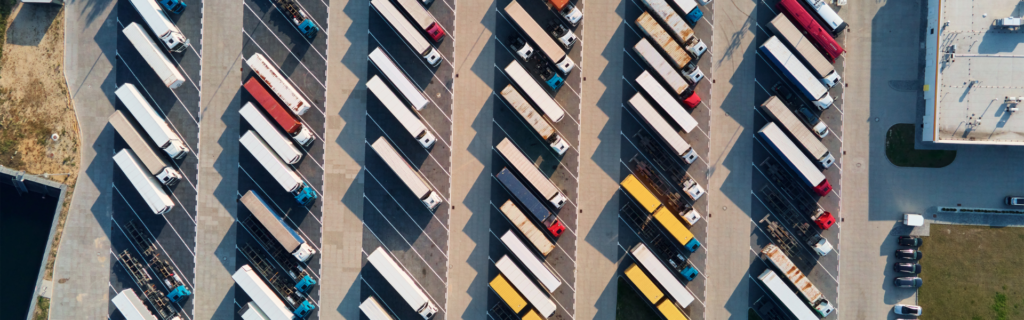 aerial view of parked semi trucks