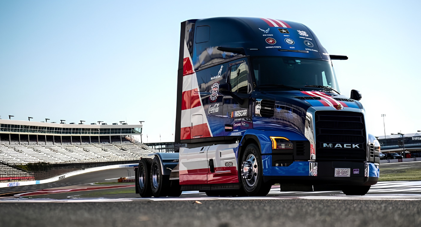 Three Mack Pioneer haulers received fan-selected patriotic wraps as part of NASCAR Salutes, featuring all six branches of the U.S. military during the 2026 season.